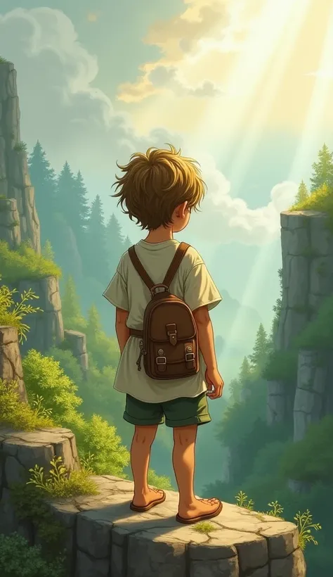 The back view of a young boy with messy hair, wearing a simple tunic and carrying a small bag slung over his shoulder. He stands on a rocky cliff overlooking a lush forest, with rays of sunlight breaking through the clouds above. His posture suggests curio...