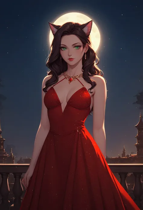 score_9, score_8_up, score_7_up, score_6_up, score_5_up, score_4_up, a picture of a beautiful woman, with cat ears, long hair, feline green eyes, wearing (black and red dress: 1.3), studded with diamonds,  small cleavage, it is night, the moon in the sky, ...