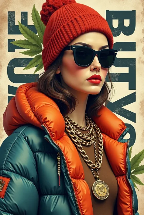 Classic marble bust, Renaissance style, transformed into a modern and urban character. She wears a vibrantly colored puffer jacket, a knit hat, dark sunglasses, and thick gold chains. The background combines contemporary graphic elements, such as bold typo...