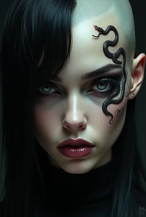 Woman with black hair on one side of her face, the other side is bald and there is a snake tattoo there, she has black eyes 