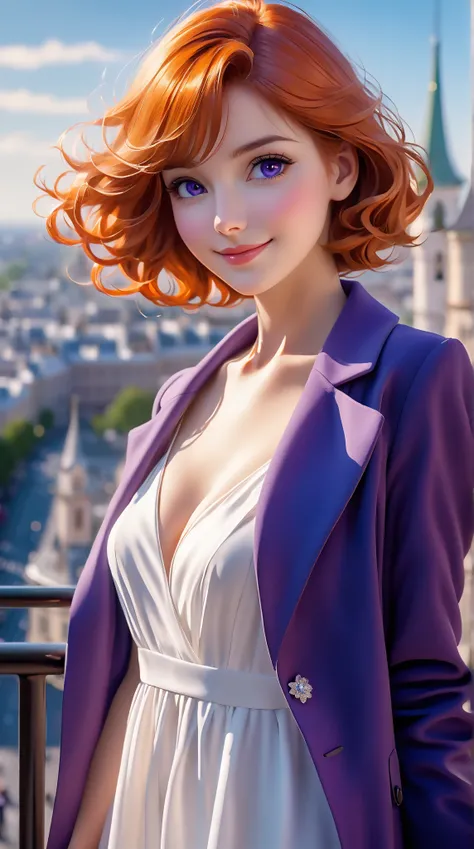  A gorgeous solo girl ， with smooth orange hair ， sparkling sapphire eyes ， wears white summer dress and purple coat， elegantly standing ， holding her chin ， looking at audience ，smiling， city background 。Inspired by Laura :  delicate warmth 。