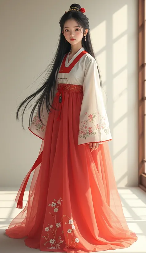 Hanbok, girl,  full body, Standing figure,  black hair