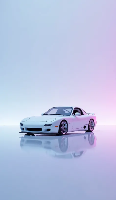 A minimalist wallpaper highlighting a Mazda RX-7 FD in a glossy pearl white finish, its reflective surface catching faint tones of the gradient background that fades from icy blue to soft lavender. The car’s flowing curves and pop-up headlights create a ti...