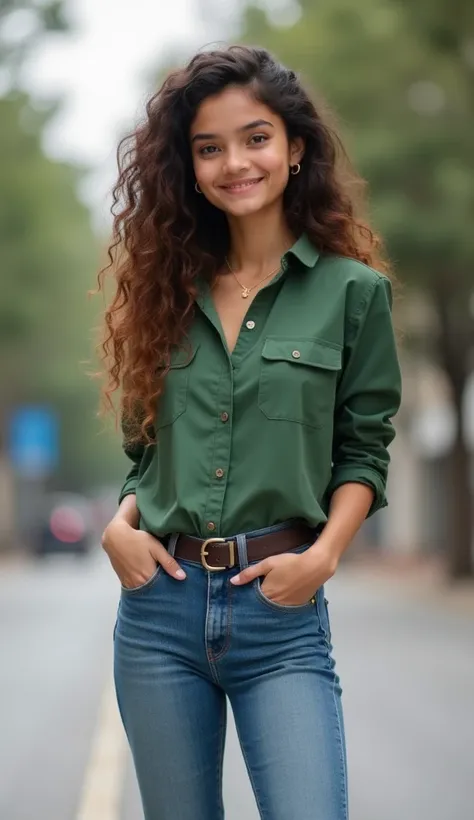  indinesian girl with short stature.  height 150 cm.  weight 70 kg .  slightly filled body .  Slightly oval face ,  has dimples , chubby.  Mature palm bark . thin hair,  beautiful curls and long .  using green shirt rolled up to sleeves.  blue jeans . wear...