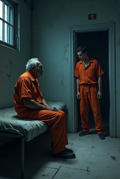 A dark and intense scene set in a dimly lit prison cell, with a menacing older man sitting on a bed, his face shadowed but showing a cold, sinister expression, wearing an orange prison jumpsuit. Opposite him, a younger man stands in the doorway, looking co...