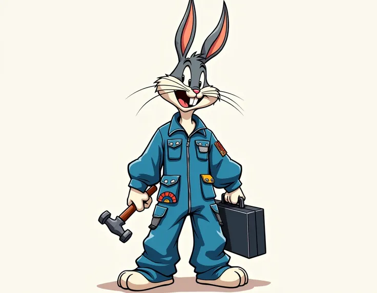 cartoon of the Bugs Bunny wearing a ,  mechanic jumpsuit with a hammer in his right hand and a tool case in his left hand, designed