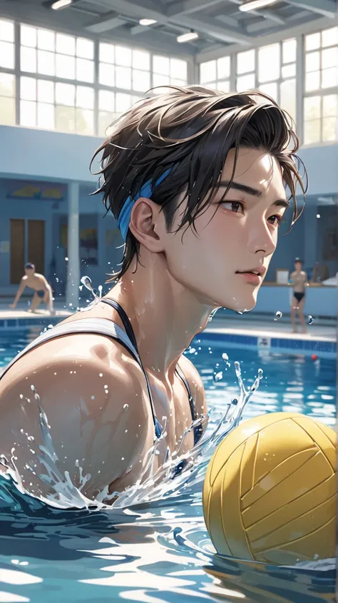 (photorealism:1.2),  very Handsome japanese man, 22-27 year-old,   playing water polo, hitting the ball, indoor swimming pool