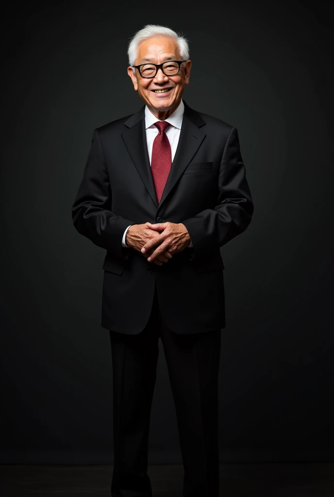 A full-body image of an elderly indean man with white hair, wearing a professional black suit, a crisp white shirt, a deep red tie, and black glasses. He is standing confidently with a warm and friendly smile, in a formal and realistic style. The backgroun...