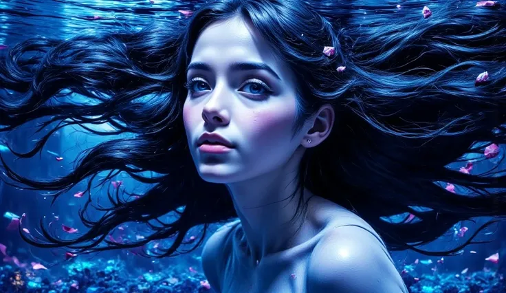 a girl in a futuristic underwater city, beautiful detailed eyes, beautiful detailed lips, extremely detailed eyes and face, long eyelashes, swimming, in a wetsuit, vibrant colors, glowing bioluminescent plants, shimmering water, advanced technology, neon l...