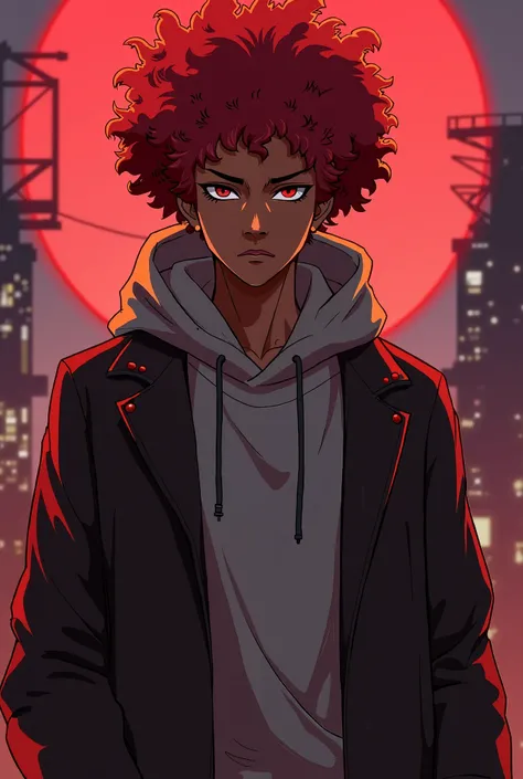  Make a man around 35 years old
Afro red hair
Wine red eyes
Brown skin
Altura: 1,77
He wears a hoodie and killer clothes and I can get a black mark under his eyes ,  anime style  