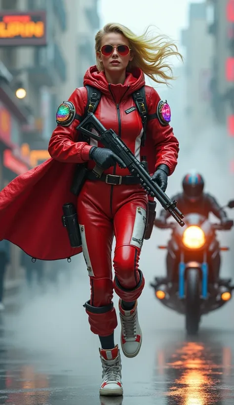 
A slender young woman with excellent proportions, wearing a cyberpunk, futuristic, colorful crimson and white rider suit, a protector with luminous organs, and a leather cloak with a colorful emblem. A beautiful woman, wearing cyber sunglasses and rainbow...