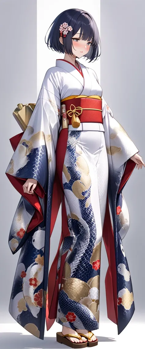 (( dark blue short hair bob cut)), (beautiful (white python skin pattern)  kimono, maxi-length, ultra long hem, long  kimono sleeves, exaggerated furisode,
(perfectly dressed), folded  kimono collar fabric, cachecoeur design ,
intricately arranged white an...