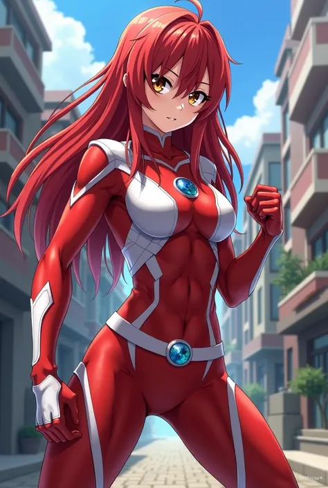 My Hero Academia Style , Anime girl, female, young female ,Full Body Shot,(fighting Pose:1.3),Long hair, Red Hair,  Brown Eyes,Hero Suit, Full Body Suit, red suit with white details,small round blue jewel in the center of the chest, perfect anatomy,  Tough...