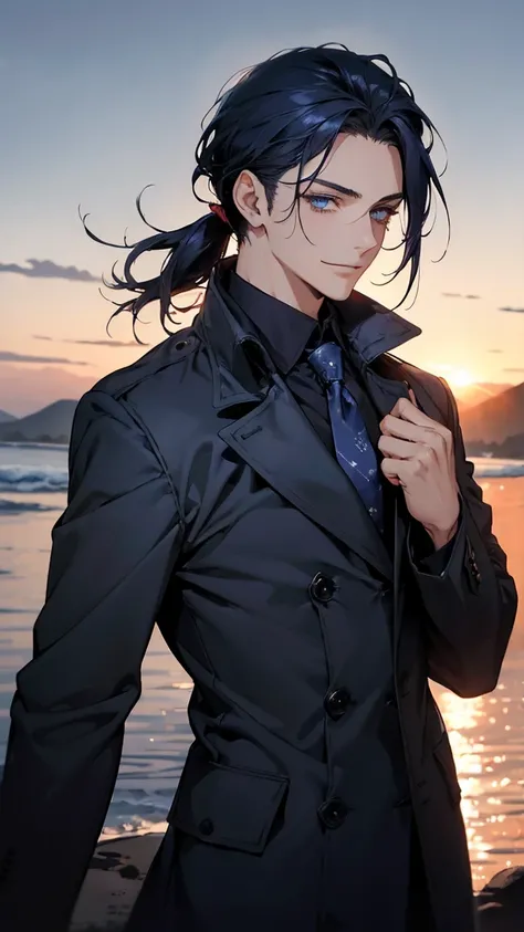 (highest quality,High resolution,masterpiece:1.2),Abstract,Masculine,Navy Blue Hair,Loose low ponytail,Tie your hair at the nape,Dark blue eyes,coat,,Dark blue gaze,Calm,quiet,A kind smile,Coast at dawn,