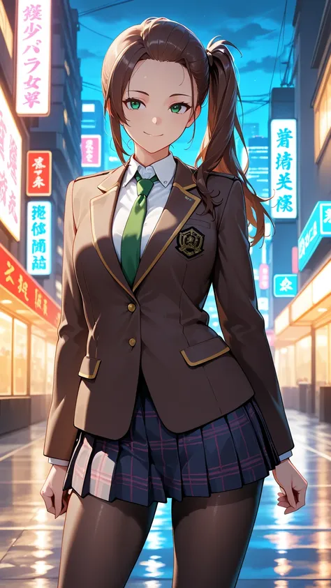 masterpiece, best quality, very aesthetic, semi-realistic, Sharp Focus, 1girl, green eyes, slightly smile, semi-long hair, dark brown silky hair, forehead, sliced back hair, side ponytail, contrapposto, Captivating thighs, uniform, brown blazers, (hads in ...