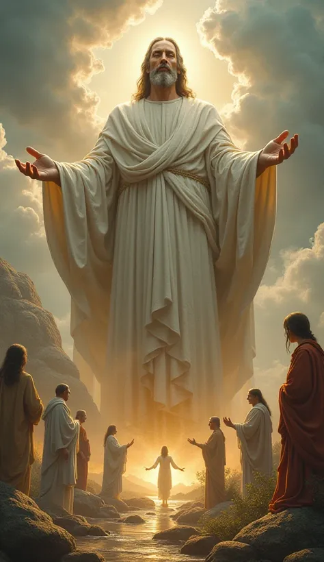  A giant giant displaying charity of goodness heavier than sin,  is surrounded by symbols of virtue such as the hand giving ,  Helping Parents , and prayer .