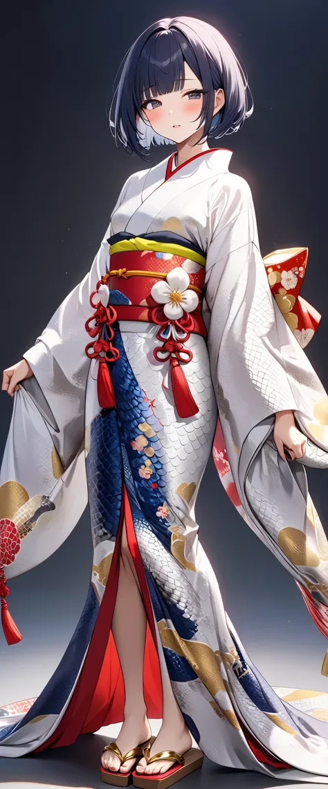 (( dark blue short hair bob cut)), (beautiful (white python skin pattern)  kimono, maxi-length, ultra long hem, long  kimono sleeves, exaggerated furisode,
(perfectly dressed), folded  kimono collar fabric, cachecoeur design ,
intricately arranged white an...