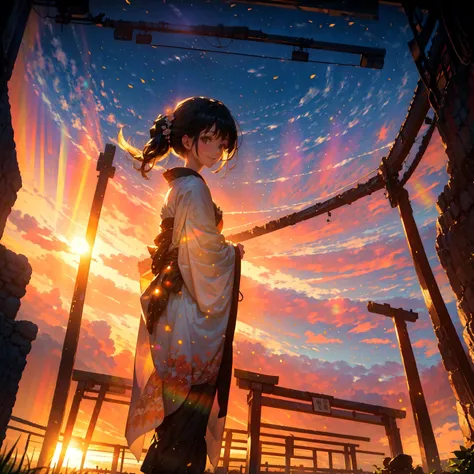 ((masterpiece:1.2)), (( top quality :1.2)), The sun rises above the horizon, (Woman standing in the light of the sunrise:1.5),  long hair that flutters in the wind , (Turning around with a gentle smile :1.5), Bathed in light, Beautiful shrine scenery, tori...