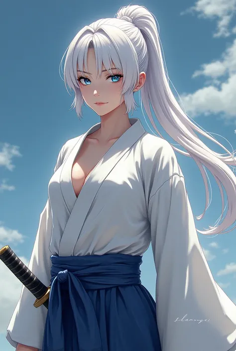 *bright blue eyes, white skin like milk, Woman, white hair like silk, soft ample R65 chest and ample hips, pony tail hair, 67" height, katana with sheath on his waist, cold and hunter gaze, samurai, wearing Yukata clothes*