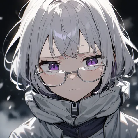 Anime girl, silver hair, dark purple eyes, silver rimmed glasses, beautiful, cold expression, apathetic, emotionless face, black air force suit, pilot, top quality, ultra clear