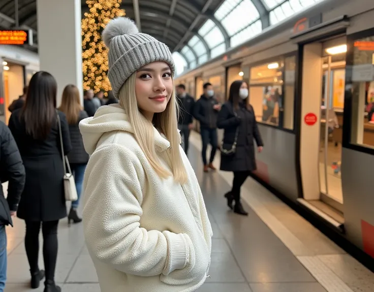  third side photo rule ;  magazine cover photo ; professional photo of a beautiful young blonde,  standing in the crowd at the train station ;  detailed pretty face ;  She is an Asian woman ; she smiles softly ,  looking at a passing train ,  she wears a f...