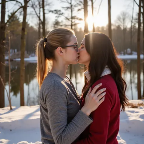 Winter walk by the lake in the forest in snow and sunshine.  A reddish blonde-haired European Russian girl with a ponytail hairstyle and modern glasses with wide edges, and a black-haired Persian girl with long hair kiss . They are both wearing warm winter...