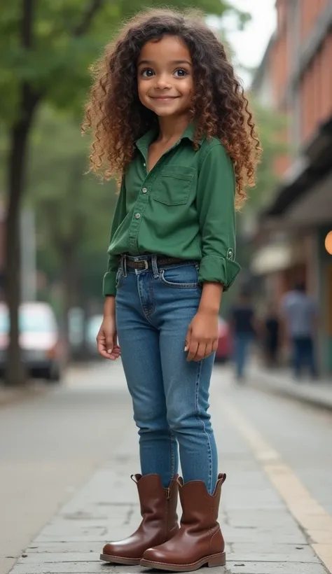  indinesian girl with short stature.  height 150 cm.  weight 70 kg .  slightly chubby body .  Slightly oval face ,  has dimples , chubby.  Mature palm bark . thin hair,  beautiful curls and long .  using green shirt rolled up to sleeves.  blue jeans . wear...