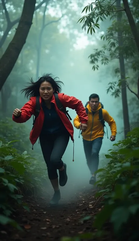 Two Indonesian climbers, women wearing red jackets, men wearing yellow jackets, running fast and panicking in the middle of a dense forest with a thin mist