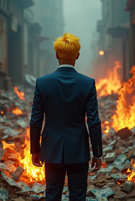 Make a banner of money burning while burning ,  in the background someone with yellow hair and a dark blue suit holding a cryptocurrency while Brazil collapses