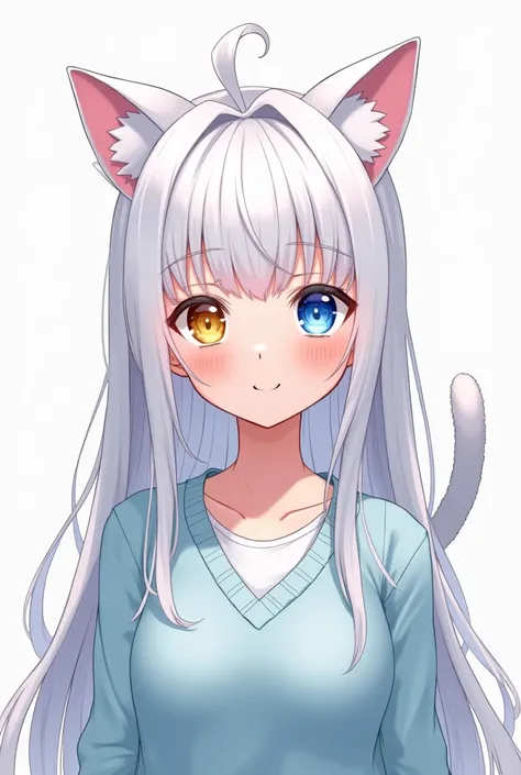 (high-quality) 1girl, girl, young girl, white hair, long hair, ahoge, blue eyes, heterochromia, yellow eyes, Close mount, focus female, anime style, animal ears, cat ears, cat tail, light blue swetther with white t-shirt, Vtuber Model, simple background, n...