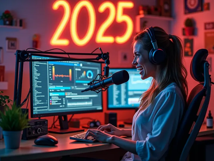  Woman radio amateur big screen computer with her studio microphone celebrates the new year 2025