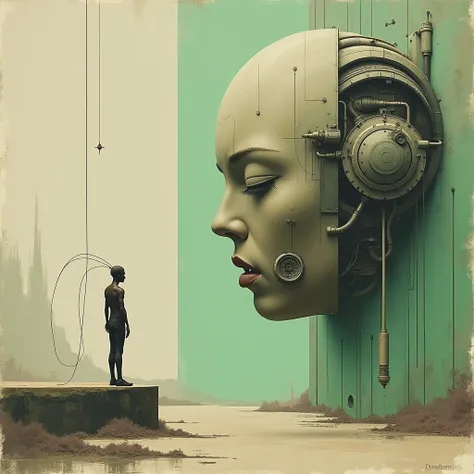 Create a surreal biomechanical scene featuring a humanoid figure standing on a mechanical platform with cables connecting to their head. The figure should have a sleek, organic design, contrasting with a massive robotic face on the right, adorned with intr...