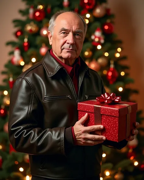 President of Belarus Alexander Lukashenko in a leather jacket,  holding a box with a ribbon  (New Year&#39;s gift).  against a Christmas tree  ( lots of colorful toys , garland of lights . very stylish Christmas tree ). evening.  anatomically correct body ...