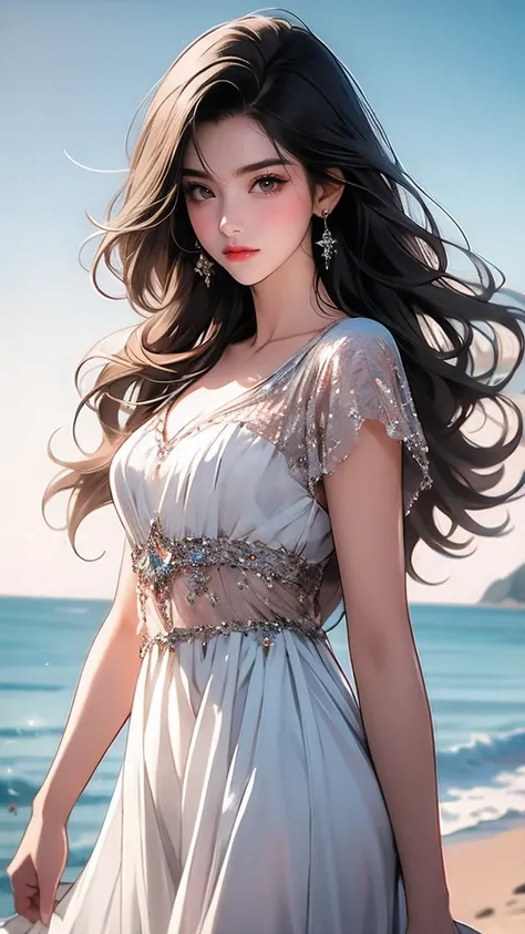 (( Best Quality , 8K, masterpiece: 1.3)),  1 girl, whole body, [Thin face, pretty Woman, (Black Hair),  super fine face,  meticulous eyes , Double eyelids,  blurry background , [Thin face, seaside, external, beach,(最 high quality, 8K, masterpiece: 1.3,  Ul...