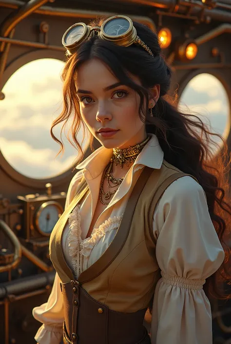 Style: Steampunk

Setting: An intricate cockpit of a fantastical airship, filled with brass gears, pipes, and glowing gauges. The background features a vast sky with clouds illuminated by a warm sunset glow.

Character: A young woman with flowing hair, wea...