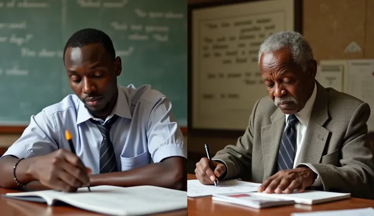 Two juxtaposed scenes:
1.	Mr. Thompson, a forty-something African man in a shirt and tie, stares distractedly at Nana during a math class.
2.	Mr. Oka, an older African professor, examining a handwritten copy with an admiring smile, the walls behind him dec...