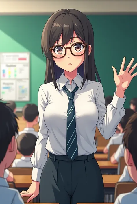 anime teacher with glasses and a tie, teaching in front of her class while her students is raising their hands