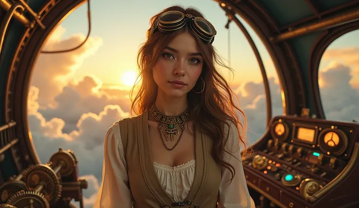 Style: Steampunk

Setting: An intricate cockpit of a fantastical airship, filled with brass gears, pipes, and glowing gauges. The background features a vast sky with clouds illuminated by a warm sunset glow.

Character: A young woman with flowing hair, wea...