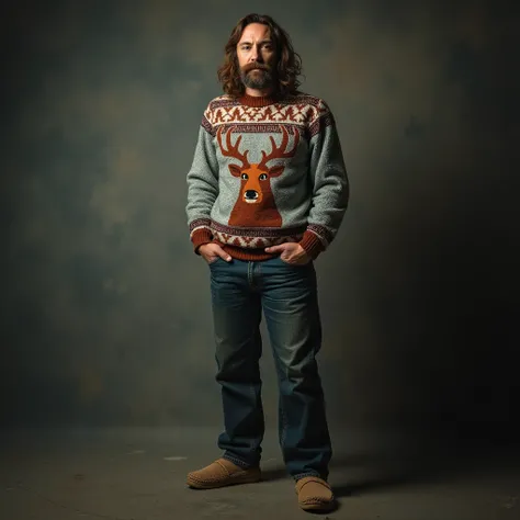  studio portrait ,  standing exactly in slippers a 32-year-old man, knitted sweater with a deer ,  worn jeans ,  long hair slightly disheveled ,  professional musicians tired look . Horseshoe-shaped mustache , Long and thick, with ends ,  falling down to c...