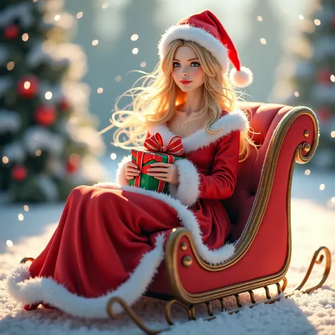 Beautiful female female sitting on Santas sleigh in Santas dress ,  holding gifts  ,  blonde with hair and Santas hat
snowflakes in the background 