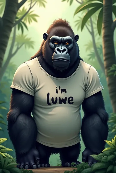  Make me a picture of a gorilla wearing a t-shirt that says "Im Luwe "