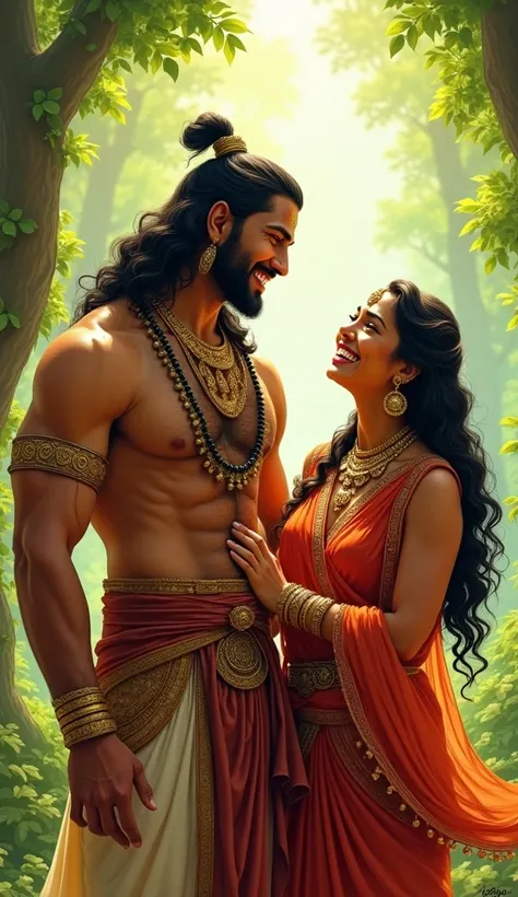 An illustration of Bhima and Panchali (Draupadi) from Indian mythology laughing joyously. The scene is set in a lush green forest with sunlight filtering through the trees. Bhima is depicted as a tall and muscular warrior wearing traditional Indian attire ...