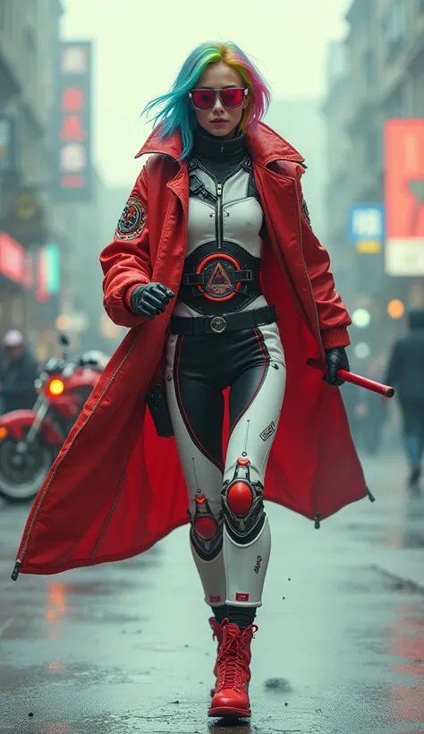 A slender young and beautiful woman with excellent proportions, wearing a cyberpunk, futuristic, colorful crimson and white rider suit, a protector with luminous organs, and a leather cloak with a colorful emblem. He is wearing cyber sunglasses, rainbow-co...