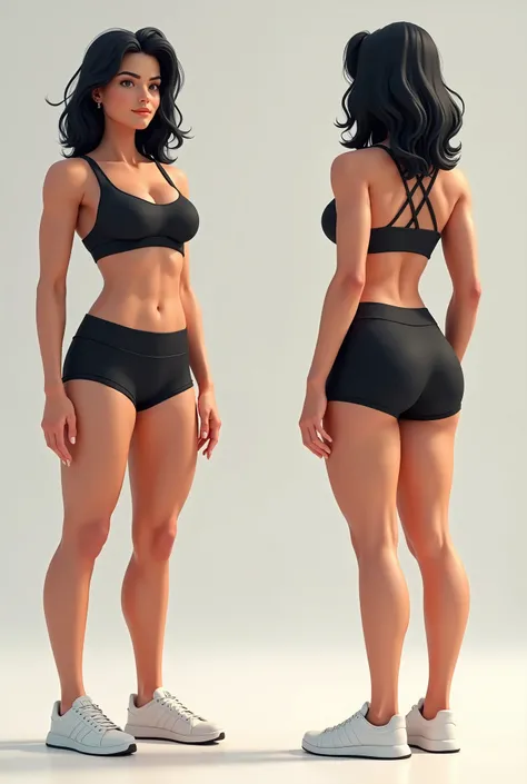 Create a girl , height 5"2 , in gym bra nd tight shorts , waist 26 inches, glutes 38 inches, quads or thighs 20 Inches, good calves , good back , chest 34 inches , medium length hair black , good healthy arms but not muscular  , front ,back, side view