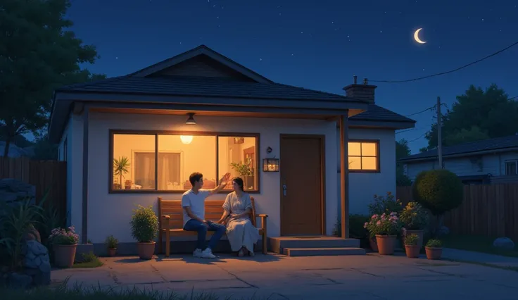 An illustration of a man and a woman sitting comfortably on the porch of a simple house, enjoying a calm evening. The man is wearing casual clothes, and the woman is dressed in a modest outfit. They are surrounded by a peaceful night atmosphere with dim wa...