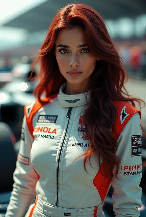 Indian girl with red dark hair in a aston martin formula 1 suit