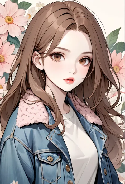 Girl, long soft brown hair, brown eyes, sharp features, white skin, light pink lips, perfect, calm, wearing a sweater, jeans jacket, floral background.