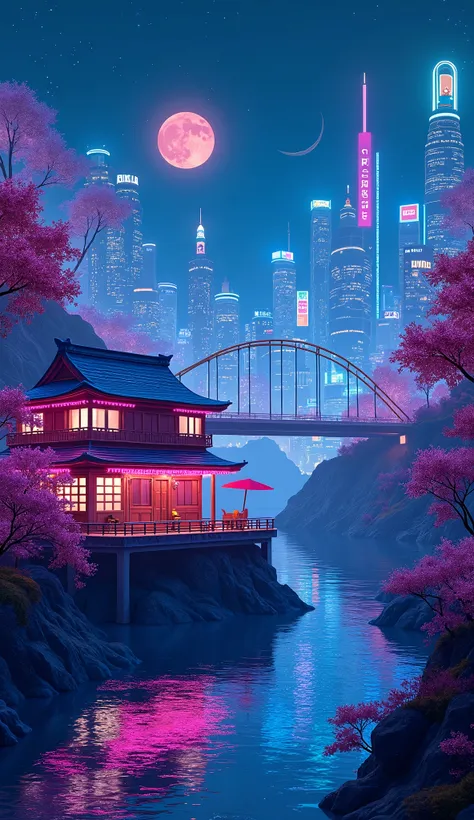 A futuristic cyberpunk night-time landscape featuring a neon-lit, Japanese-style house with glowing lights in shades of blue, pink, and purple. The house sits on a raised platform near a shimmering river with neon reflections, and a sleek, futuristic arche...