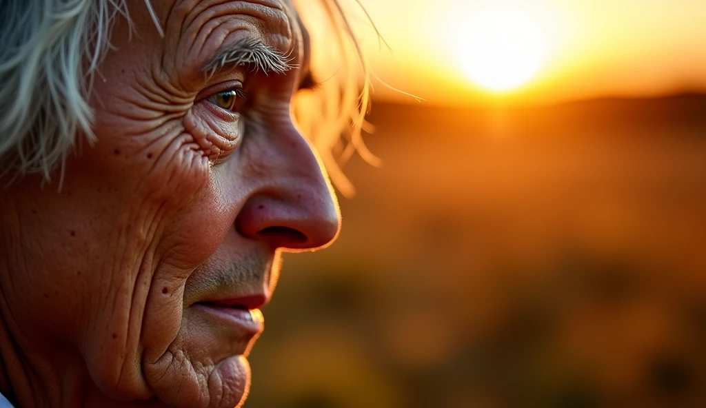 A close-up of the face of an elderly gentleman positioned on the left side of the image. Your gaze is slightly directed up and to the right side, conveying a sense of pain and reflection. Tears run down her cheek, shining under a warm sunset light that sof...