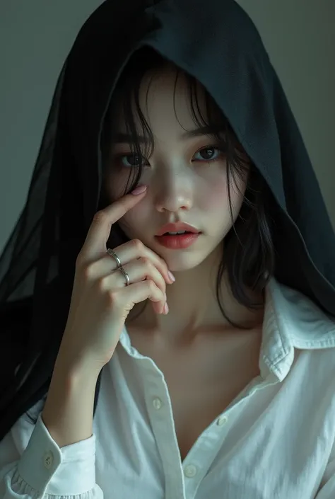 A Korean girl wearing white shirt with the top button undone, a black veil on head and touching her face and a long scratch on the hand, 